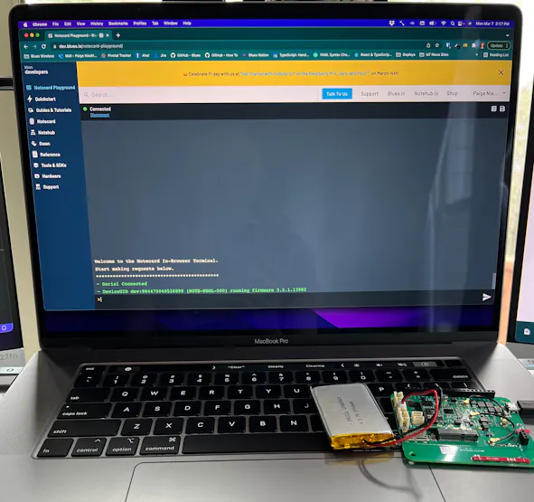 My Notecard and Notecarrier attached to my laptop via micro-USB connector using the Blues Wireless browser-based Notecard CLI.