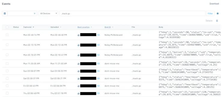 An example of _track.qo data generated in a Notehub project.