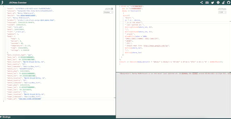 The JSONata Exerciser site for testing and refining JSONata queries.