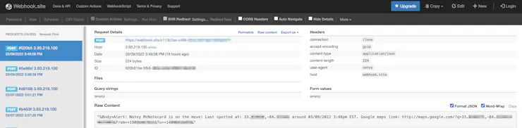 This is messages routing through Notehub to the Webhook,site URL for decoding.