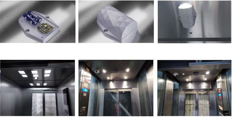 Sensor enclosure mounted into elevator cabin´s ceiling