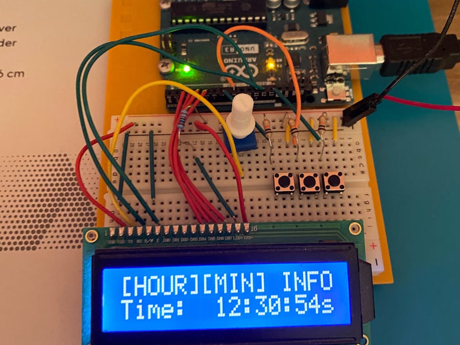 Clock using Arduino UNO, 16 x 2 LCD Display, and Switches