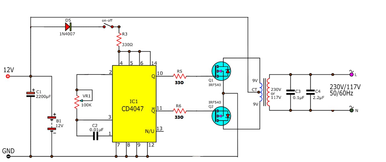100 Watt Inverter Circuit 12V to 220V using Transistor