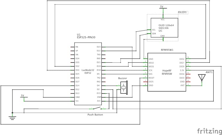ESP32 LoRa node with Display, Push button and Buzzer