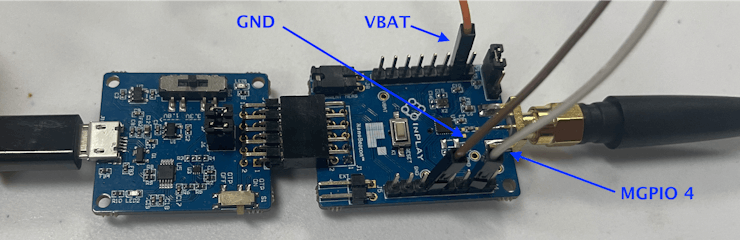 Connected pins on the IN100 development board (using ADC channel 0 ā MGPIO4)