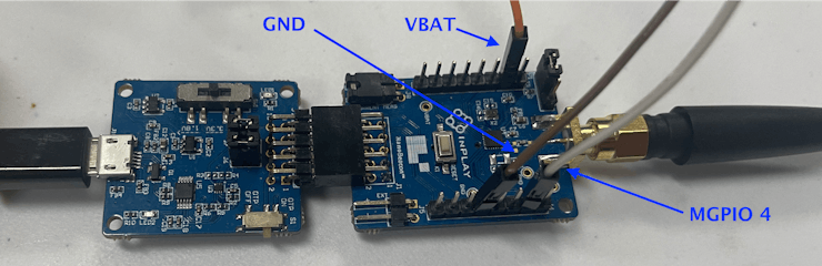 Connected pins on the IN100 development board (using ADC channel 0 – MGPIO4)