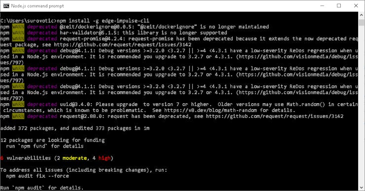 Install edge impulse CLI done