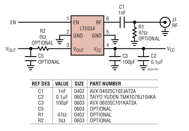 Datasheet test circuit of RF detector 5534 IC