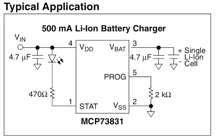 Datasheet test circuit of Li.Po. charging 73831 IC