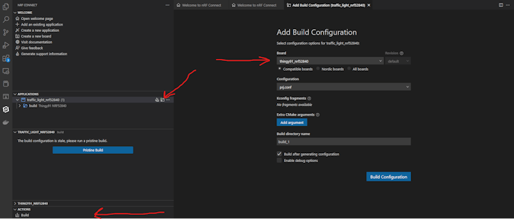 Visual Studio code highlighting build configuration, board selection, and build action for 52840