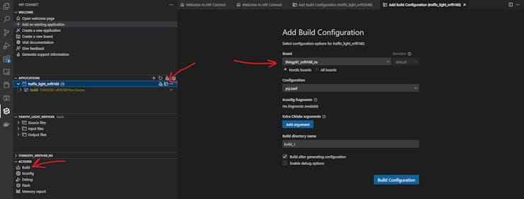 Visual Studio code highlighting build configuration, board selection, and build action for 9160