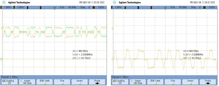 Figure 8. RX+, RX- (left) versFigure 7. Remove Cap and GND on Differential Mode Termination Resistorus GND / RX+ versus RX-