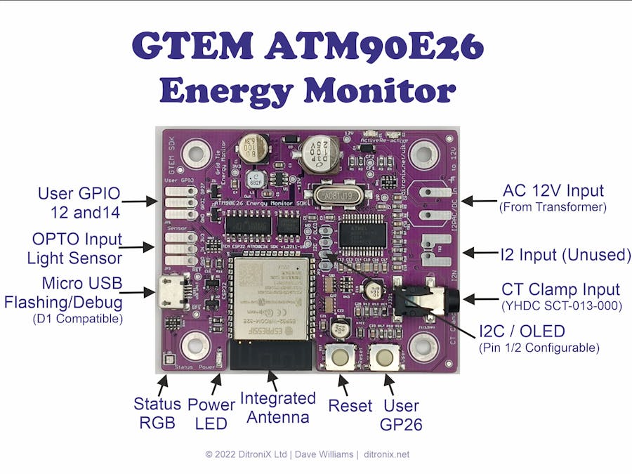 GTEM ESP32 ATM90E26 Energy Monitor Board SDK