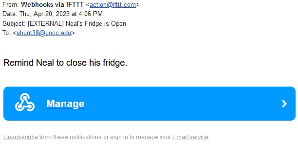 Figure 8. Typical email sent to a peer to remind the user to close the refrigerator door - Example 2