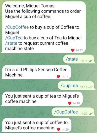 Example of a cup of coffee request made on Telegram
