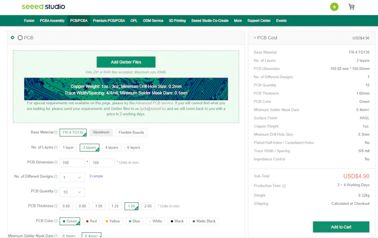 Seeed Studio PCB ordering page