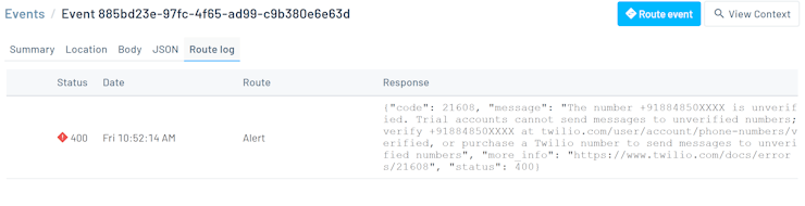 This is the error response I got in Route log when I used an unverified number