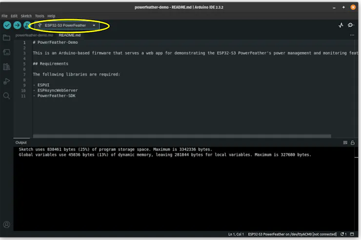 Building the ESP32-S3 PowerFeather demo with Arduino