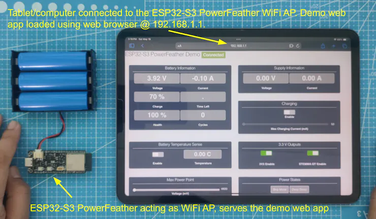 Tablet connected to ESP32-S3 PowerFeather AP, loaded demo app on browser