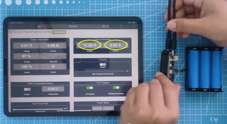 18 V external DC source + USB power + battery connected
