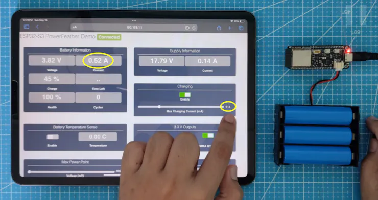 Max charging current set to 514 mA, charging current ~0.52 A