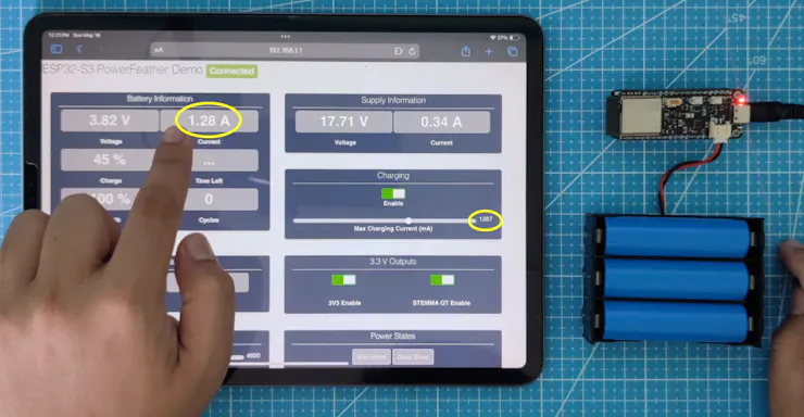 Max charging current set to 1287 mA, charging current ~1.28 A