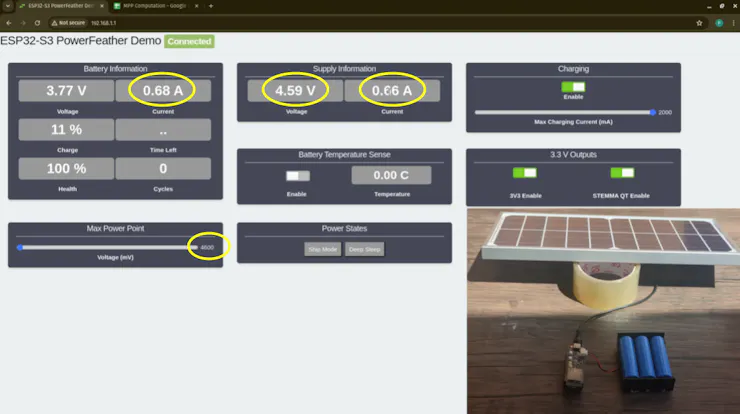 Battery current, supply voltage & current with MPP voltage not set