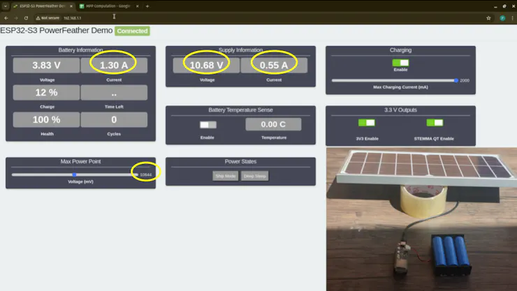 Battery current, supply voltage & current with MPP voltage set