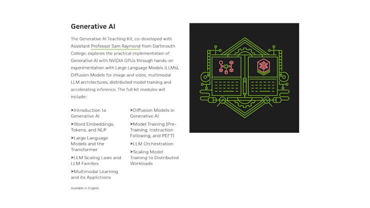 The kit is available now on on the NVIDIA DLI site, along with existing kits including graphics, robotics, and data science. (????: NVIDIA)