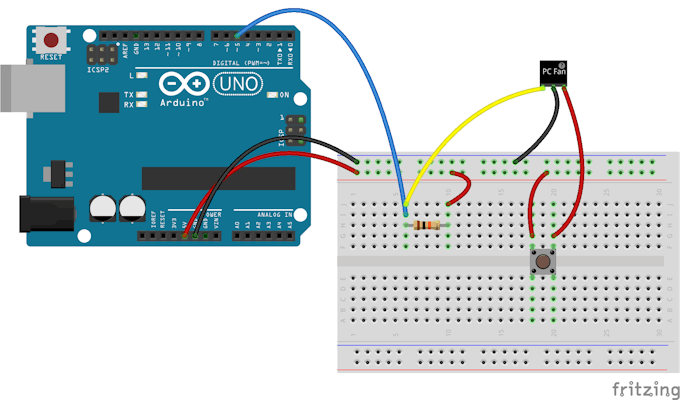 Wiring for testing the fan on an Arduino Uno.