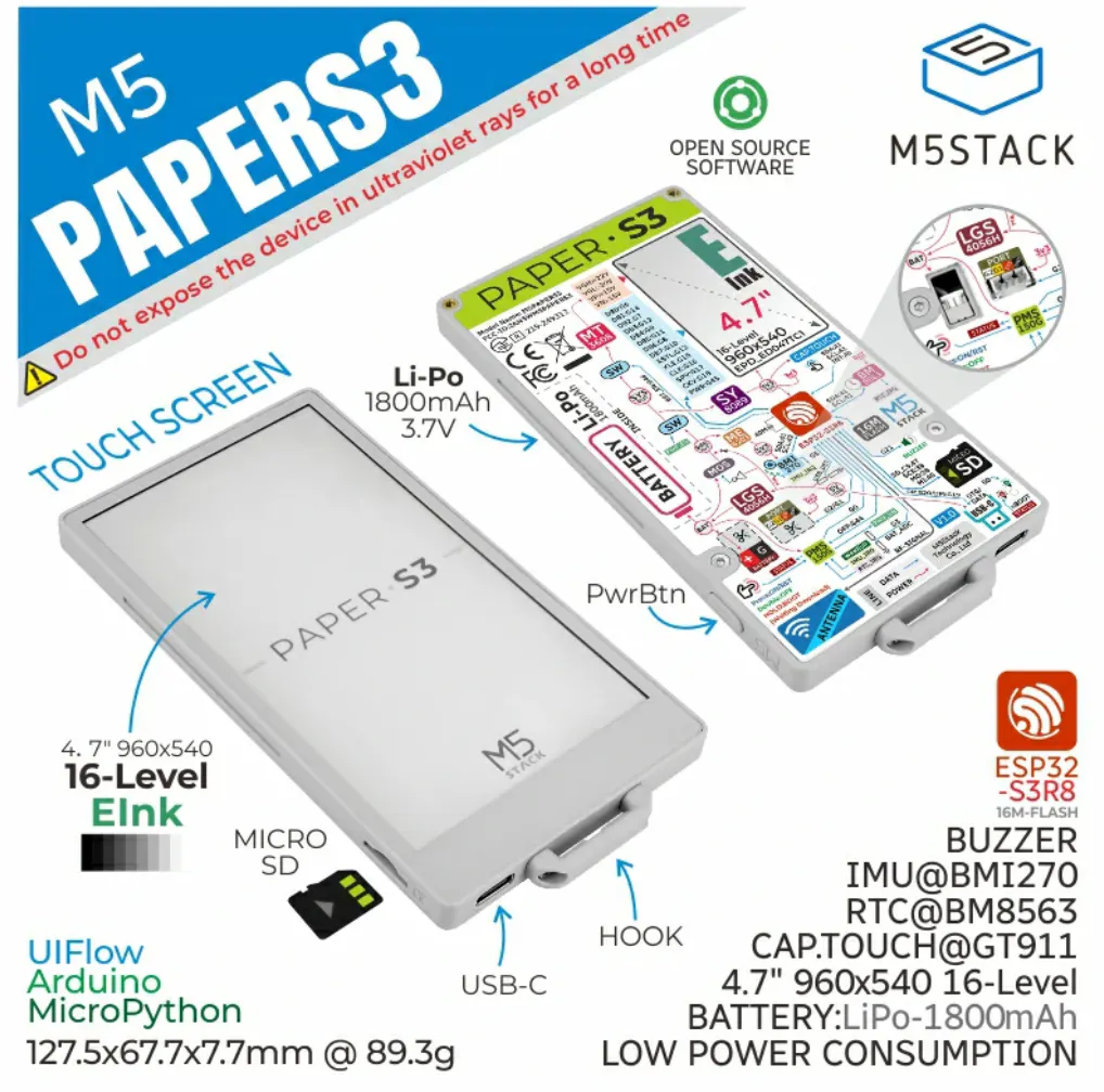 M5Paper S3 ESP32S3 Development Kit (960x540, 4.7" eInk Display, 235 ppi)