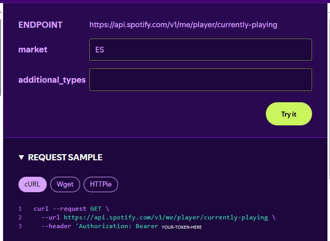 Request Sample for getting current song of Spotify API