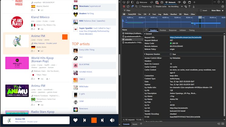 Example Stream URL in Microsoft Edge