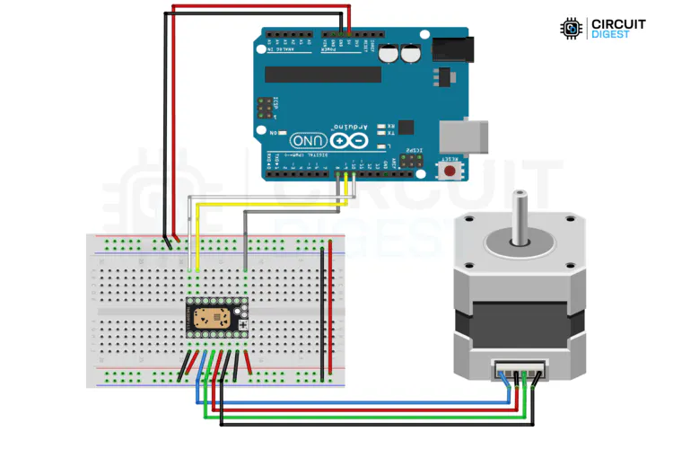 Circuit diagram of Arduino UNO connected to TMC2209 stepper driver with STEP DIR EN and shared ground plus external motor power