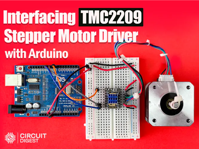 Arduino UNO wired to a TMC2209 stepper driver and NEMA 17 motor on a workbench for quiet stepper motion