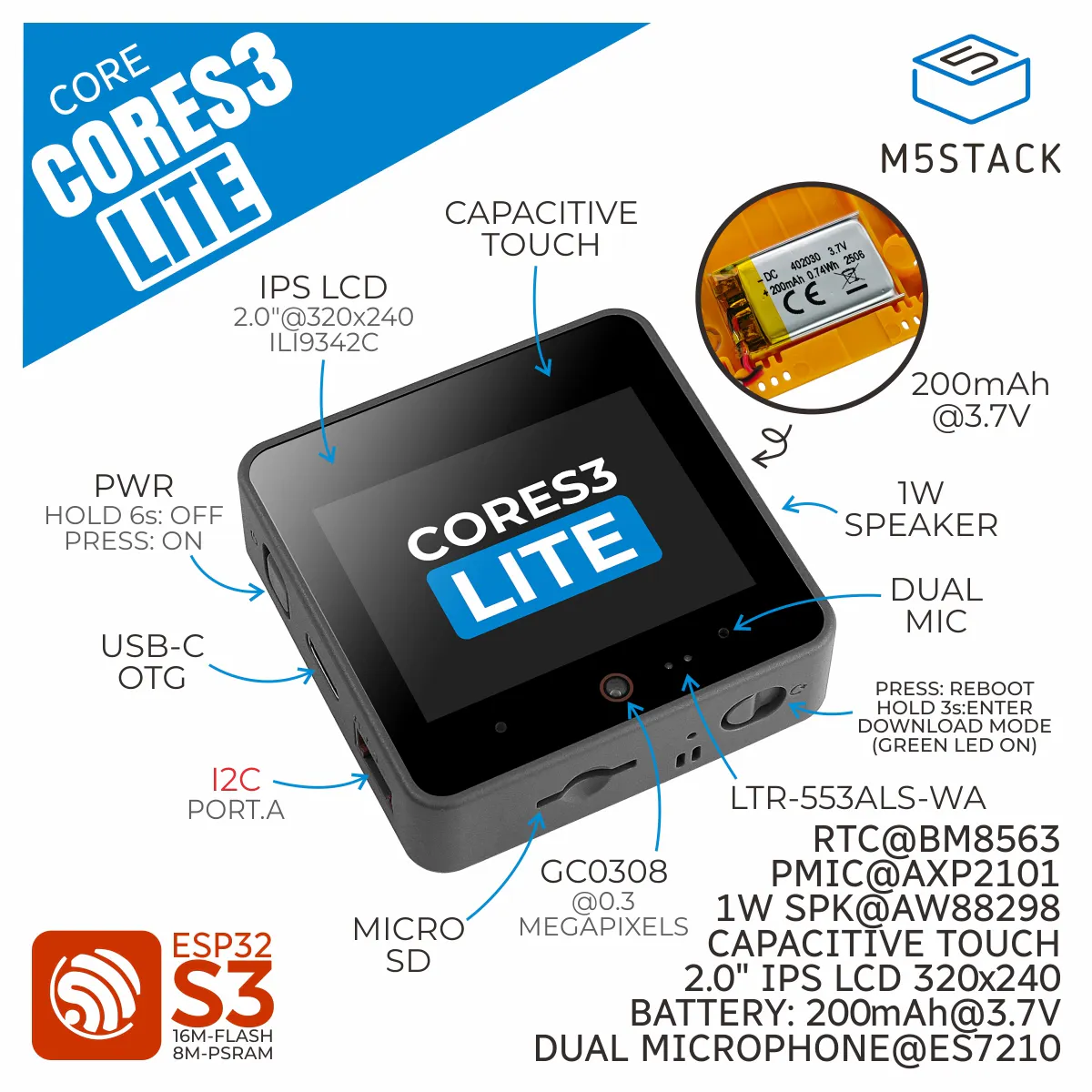 M5Stack CoreS3 Lite ESP32S3 IoT Dev Kit