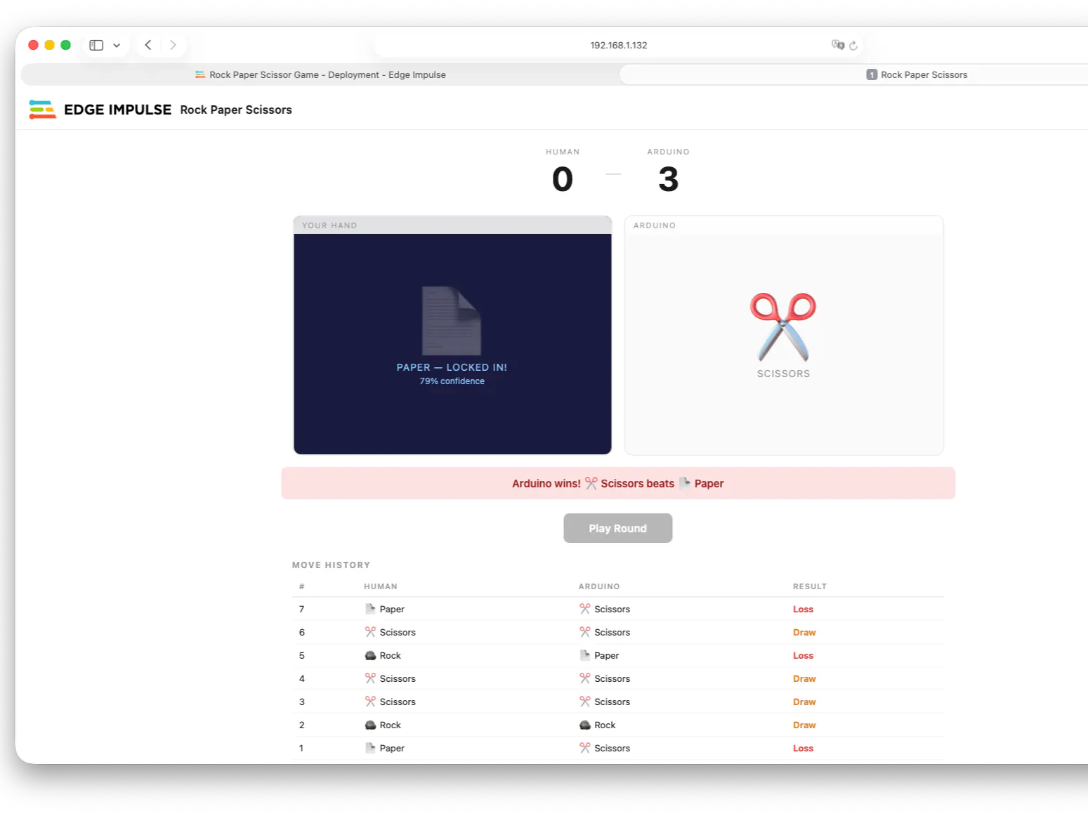 Arduino UNO Q Plays Rock Paper Scissors