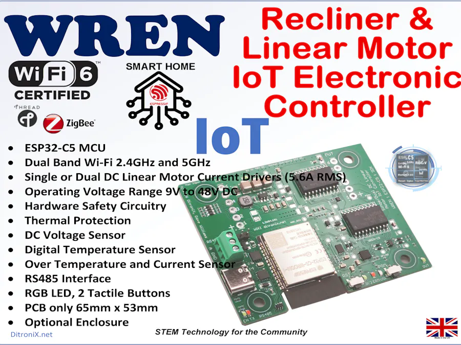 WREN | ESP32-C5 Recliner Linear Motor Controller | IoT RS485