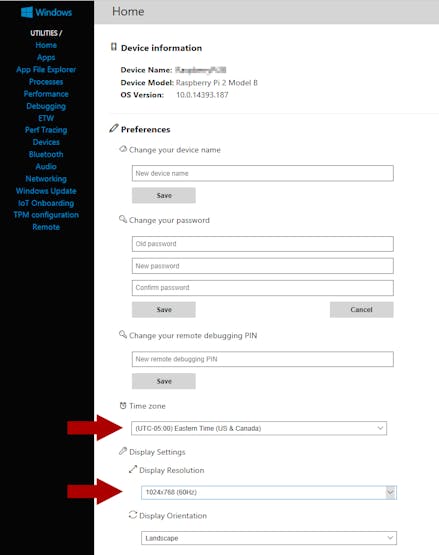 Time Zone and Device Resolution settings
