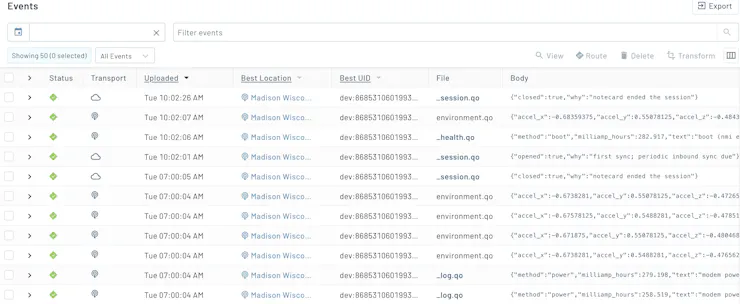 Notehub IO Event Dashboard Displaying Environment Data