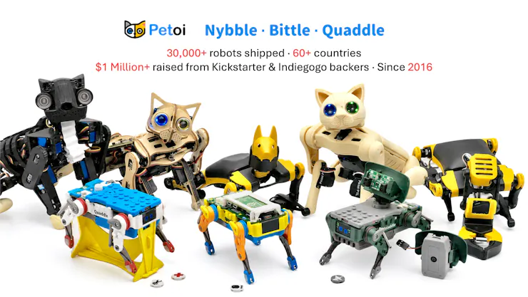ตระกูลหุ่นยนต์ OpenCat ของ Petoi ตั้งแต่รุ่นก่อนหน้าจนถึง Quaddle