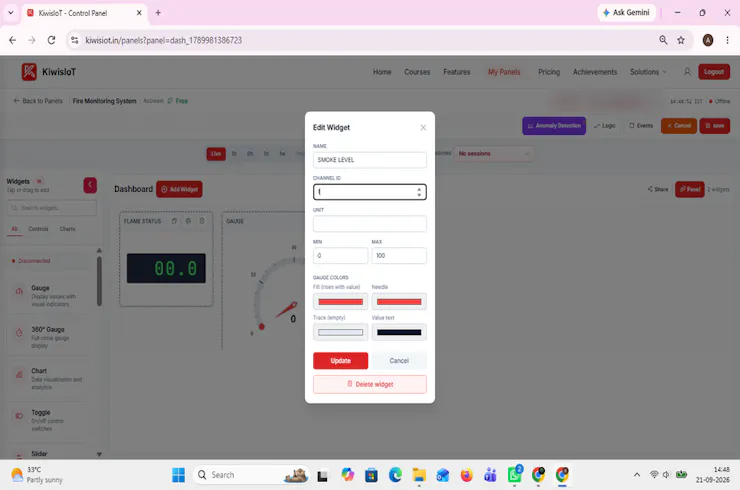 KiwisIoT Dashboard แสดงค่า MQ-2 ที่ถูก Normalize เป็นช่วง 0 ถึง 100