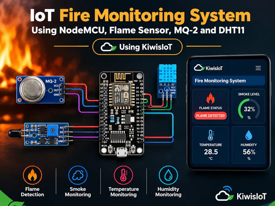 IoT Fire Monitoring Prototype ใช้ ESP8266 Flame Sensor MQ-2 DHT11 และ KiwisIoT