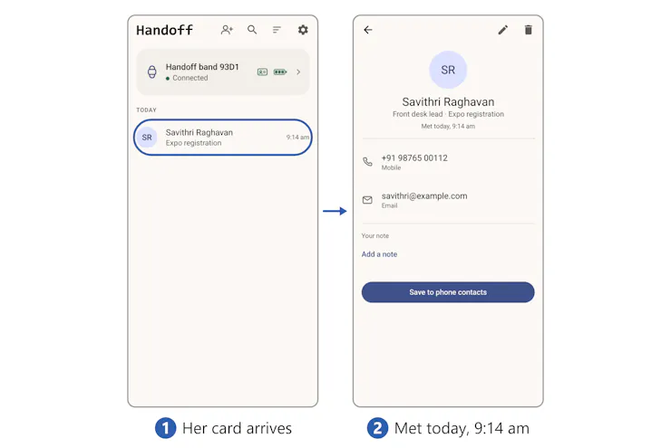 Contact ที่ได้รับหลังจับมือใน Handoff App