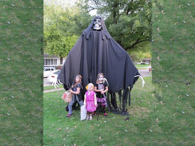 Giant skeleton costume.