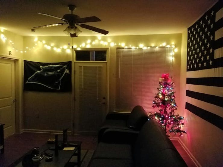 Layout of the room with the Christmas tree and lights on