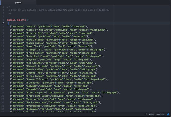 Parks.js contains park codes for NPS API and mp3 file names.