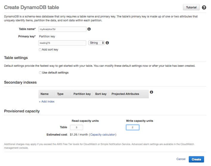 Screenshot from provisioning a DynamoDB table in AWS for Analytics