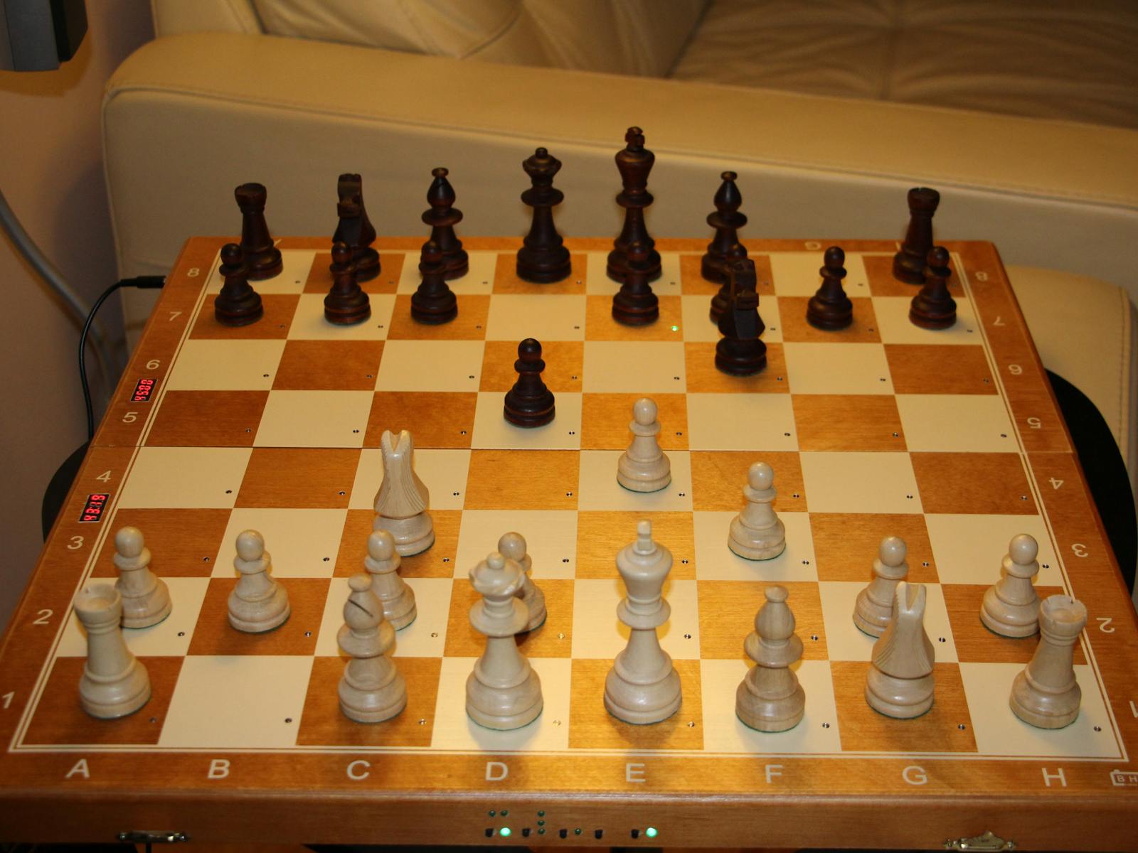 Close-up of Square Off automated chess board, which uses magnets