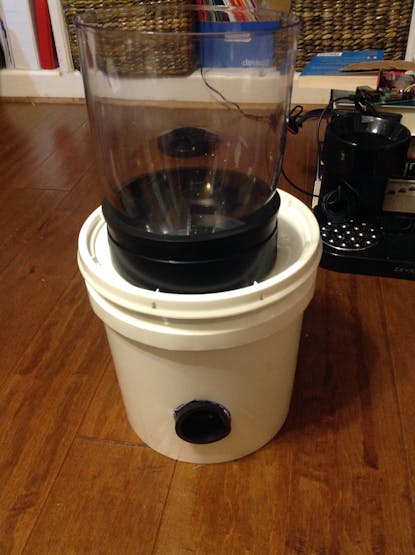 Assembled hopper with the PVC pipe "spigot"